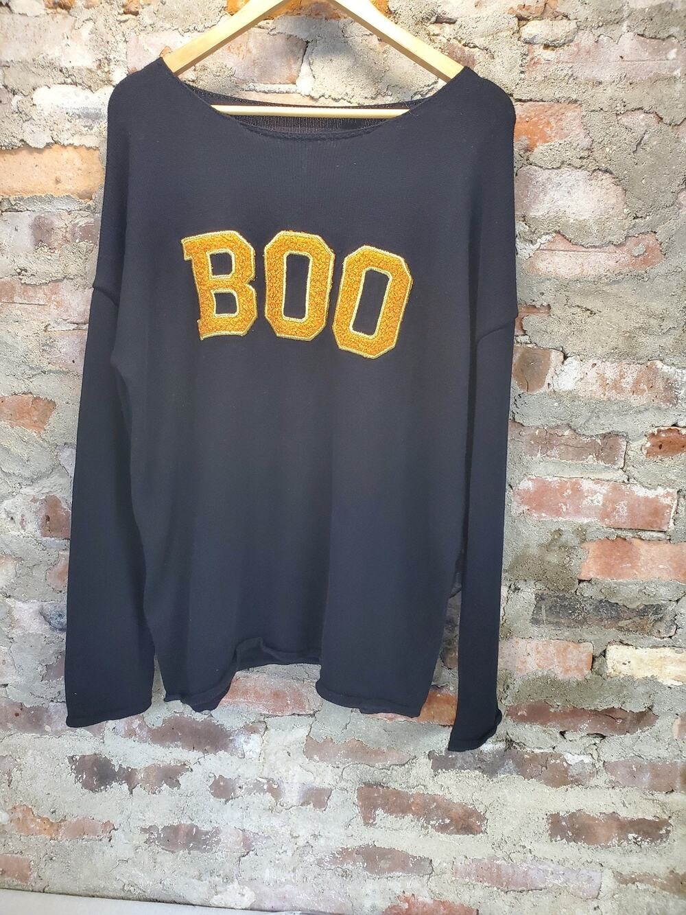 Womens Halloween Boo Pullover Sweater XL Black Gold Long Sleeve Cotton